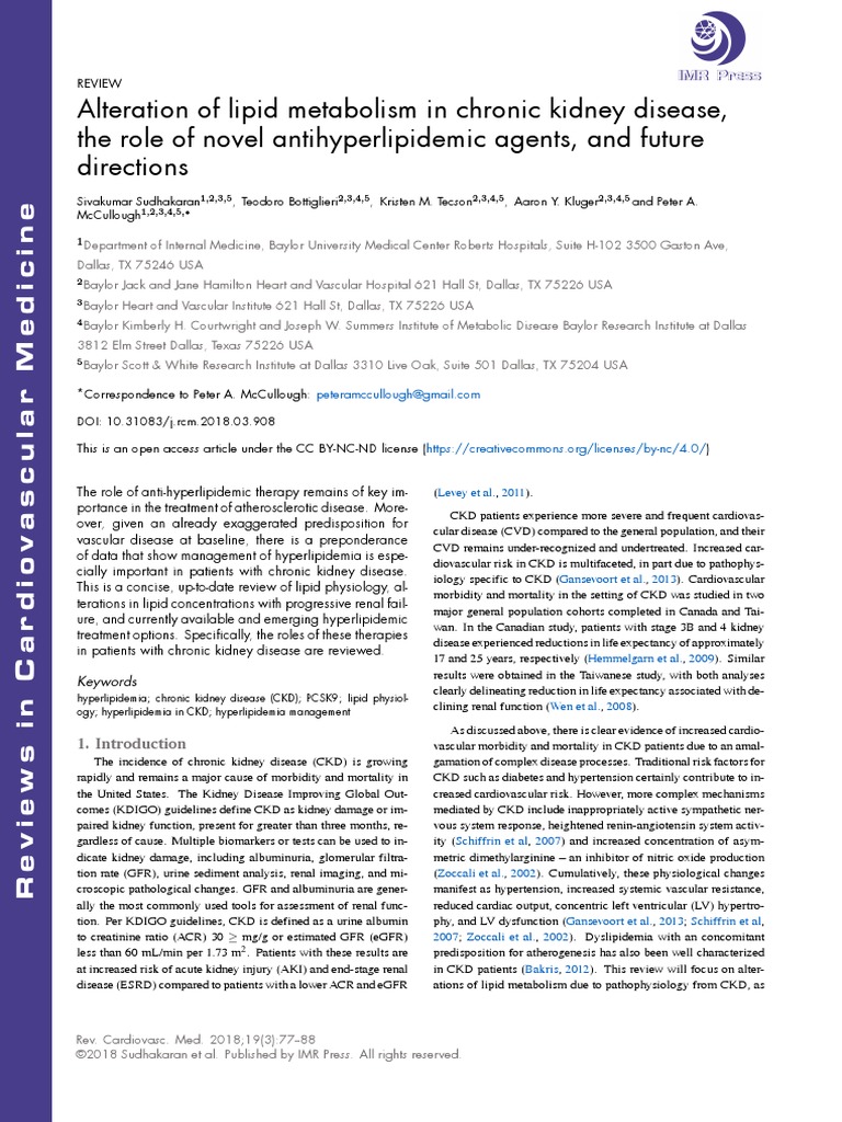 Alteration of Lipid Metabolism in Chronic Kidney Disease, The Role of ...