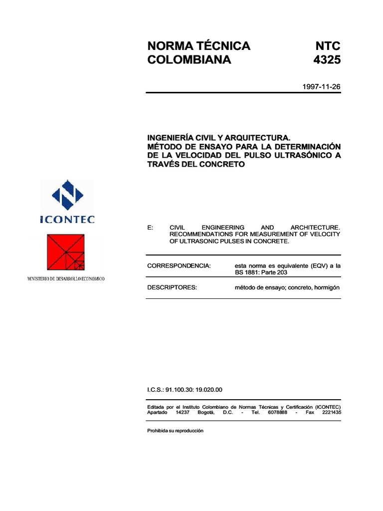 Norma NTC 4325: Ultrasonido en Concreto | PDF | Calibración | Hormigón