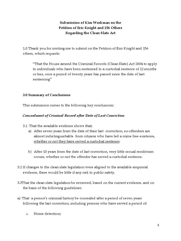 Kim Workman - Submission On The Clean Slate Act 2004 | PDF | Criminal ...