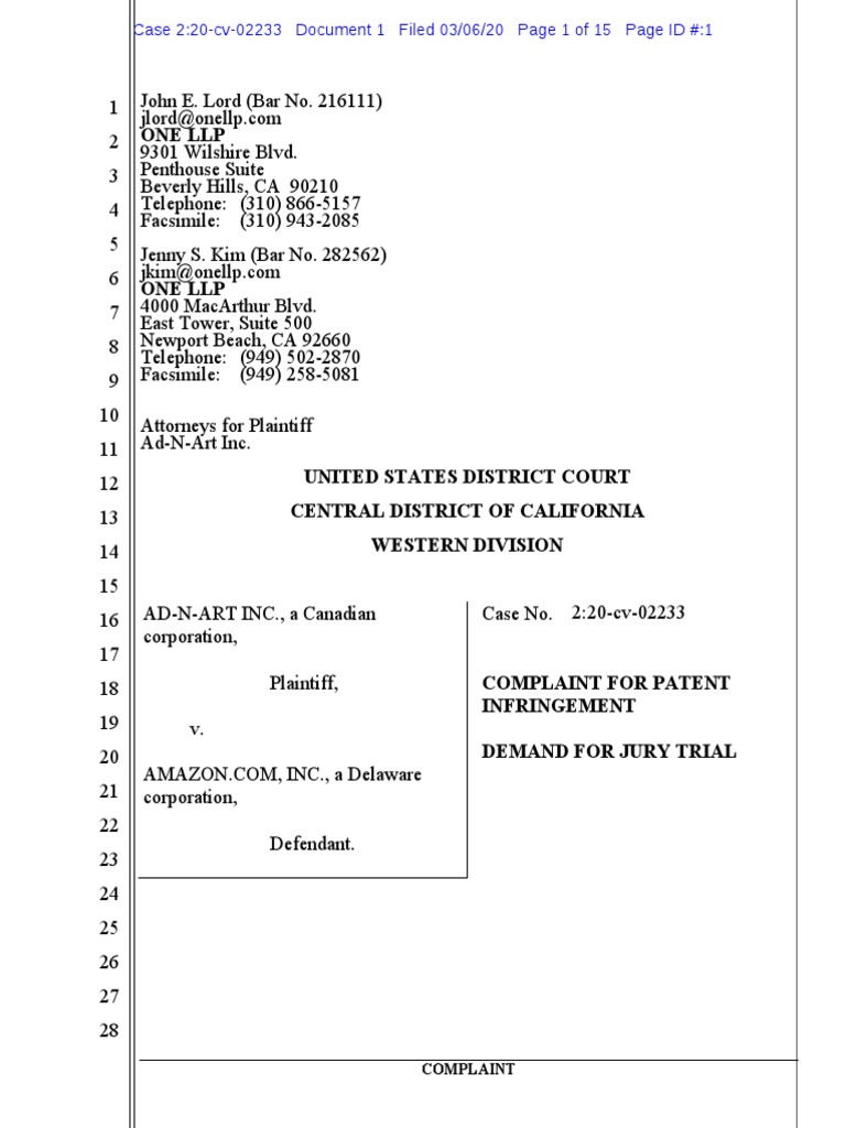 Ad N Art Inc V Amazon Com Complaint Damages Patent Infringement