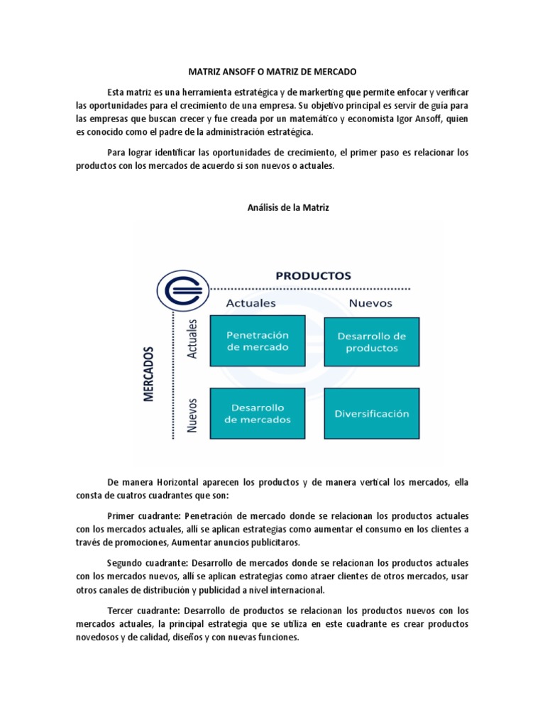 Matriz Ansoff o Matriz de Mercado | PDF | Diversificación (Finanzas ...