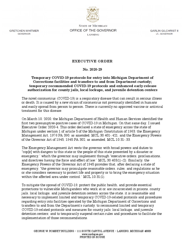 Mi Gov Executive Order No. 202029 PDF Prison Executive Order