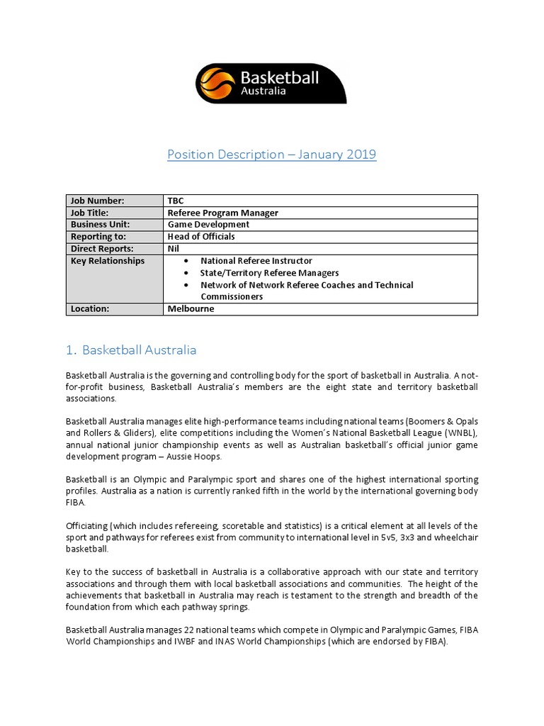 Basketball Australia Position Description Referee Program Manager PDF PDF Curriculum