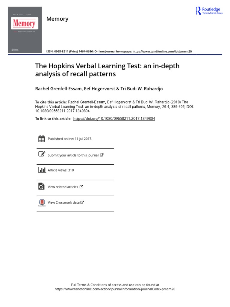 The Hopkins Verbal Learning Test An in Depth Analysis of Recall ...