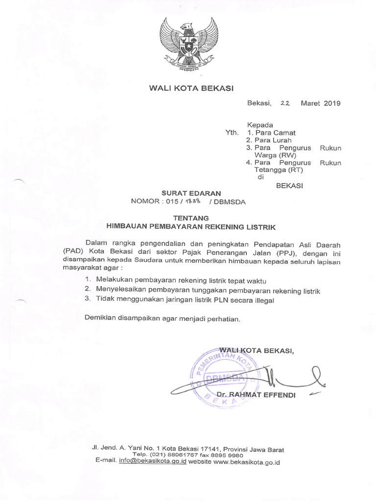 Surat Edaran Walikota - Himbauan Pembayaran Rekening Listrik | PDF