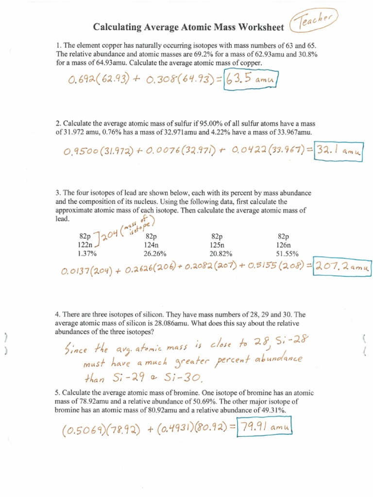 ChemE - AMU and Percent Abundance Worksheet Answers  PDF In Average Atomic Mass Worksheet Answers