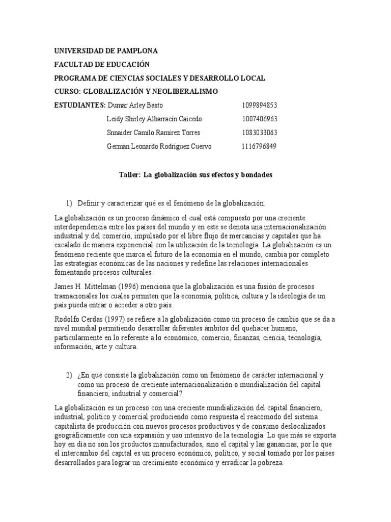 Taller de Globalización y Neoliberalismo | PDF | Globalización | Sociedad