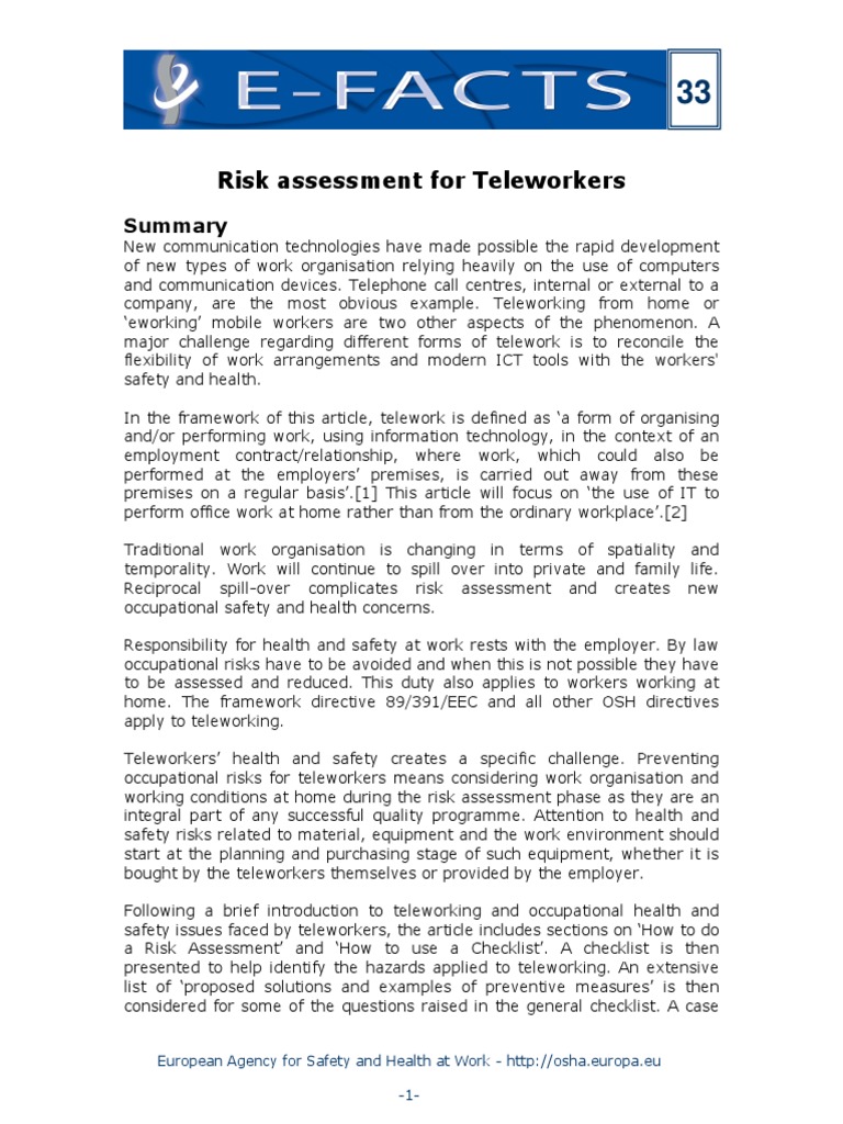 Risk Assessment for Teleworkers Guide | PDF | Occupational Safety And ...