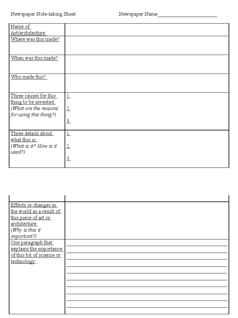 Newspaper Note-taking Template | PDF
