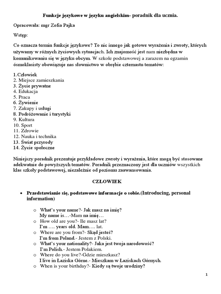 Znajomość Funkcji Językowych ćwiczenia Pdf