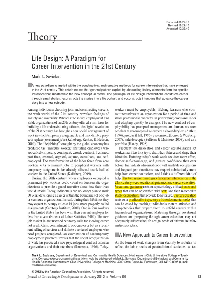 Life Design: A Paradigm For Career Intervention in The 21st Century ...