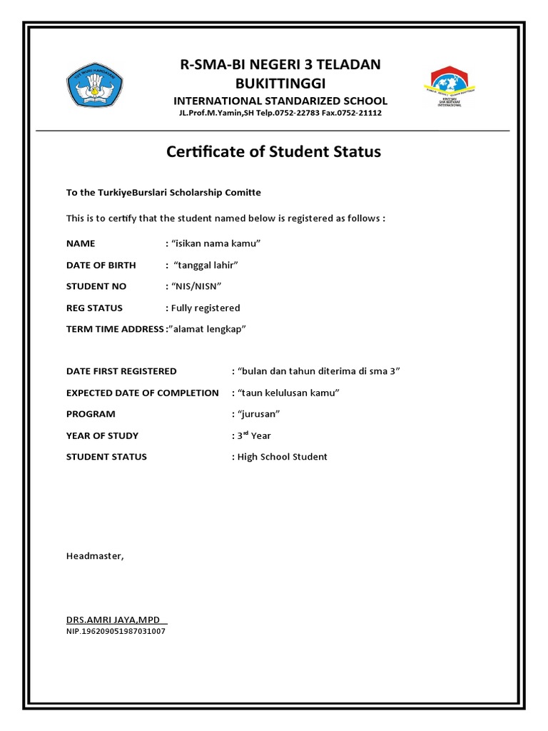 CERTIFICATE OF STUDENT STATUS