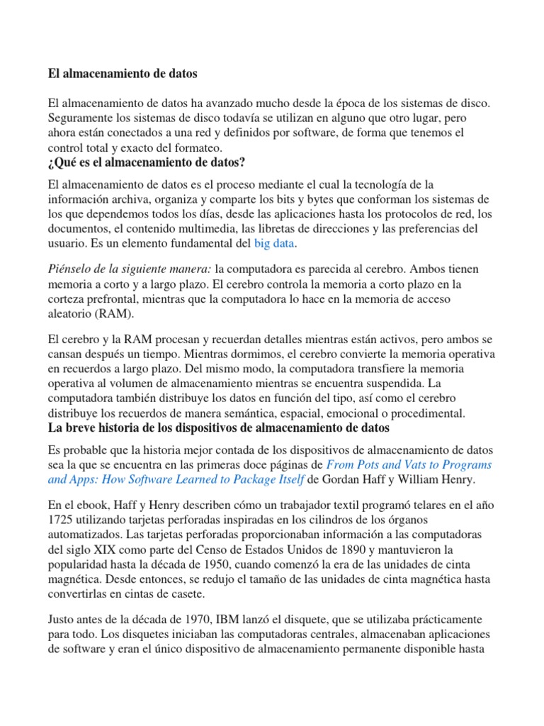 El Almacenamiento de Datos | PDF | Almacenamiento de datos de la ...