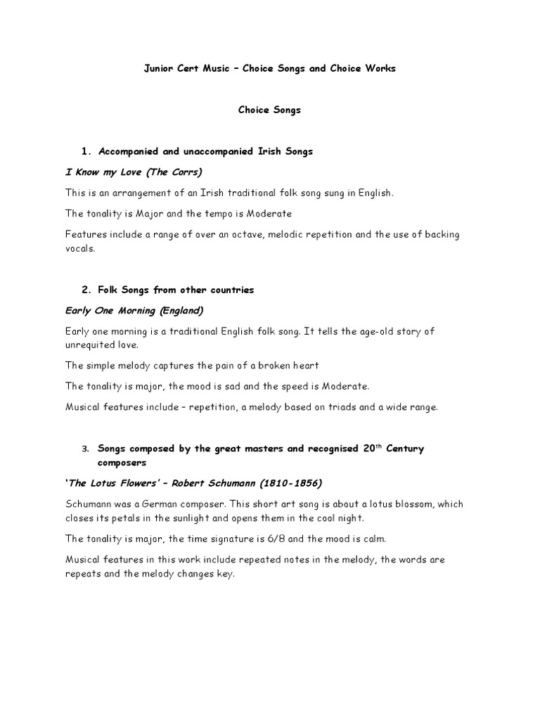 Junior Cert Music Choice Works And Songs PDF Songs Dances