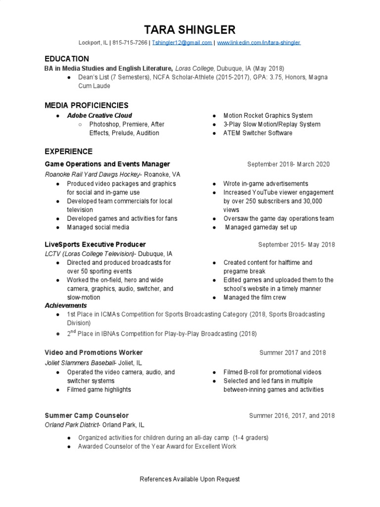 Tara Shingler Resume | PDF | Communication | Mass Media