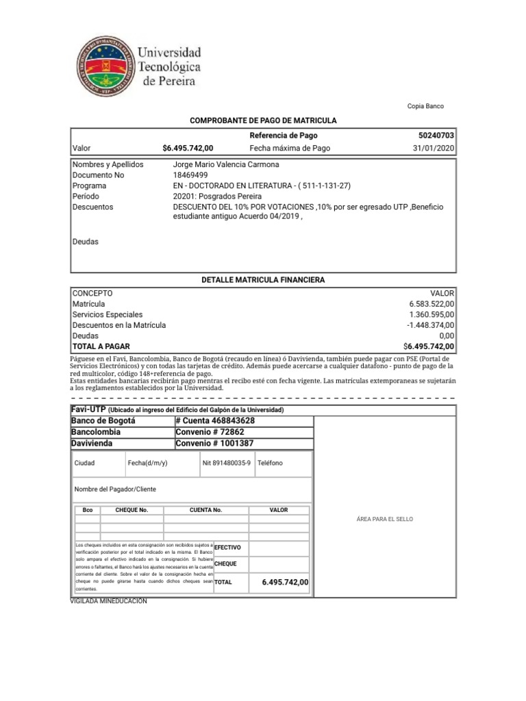 Comprobante de Pago de Matrícula UTP | PDF | Cheque | Bancos