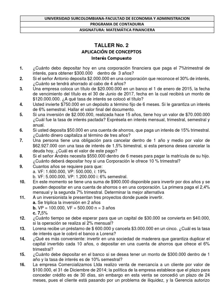 Taller de Matemática Financiera: Interés Compuesto | PDF | Finanzas ...