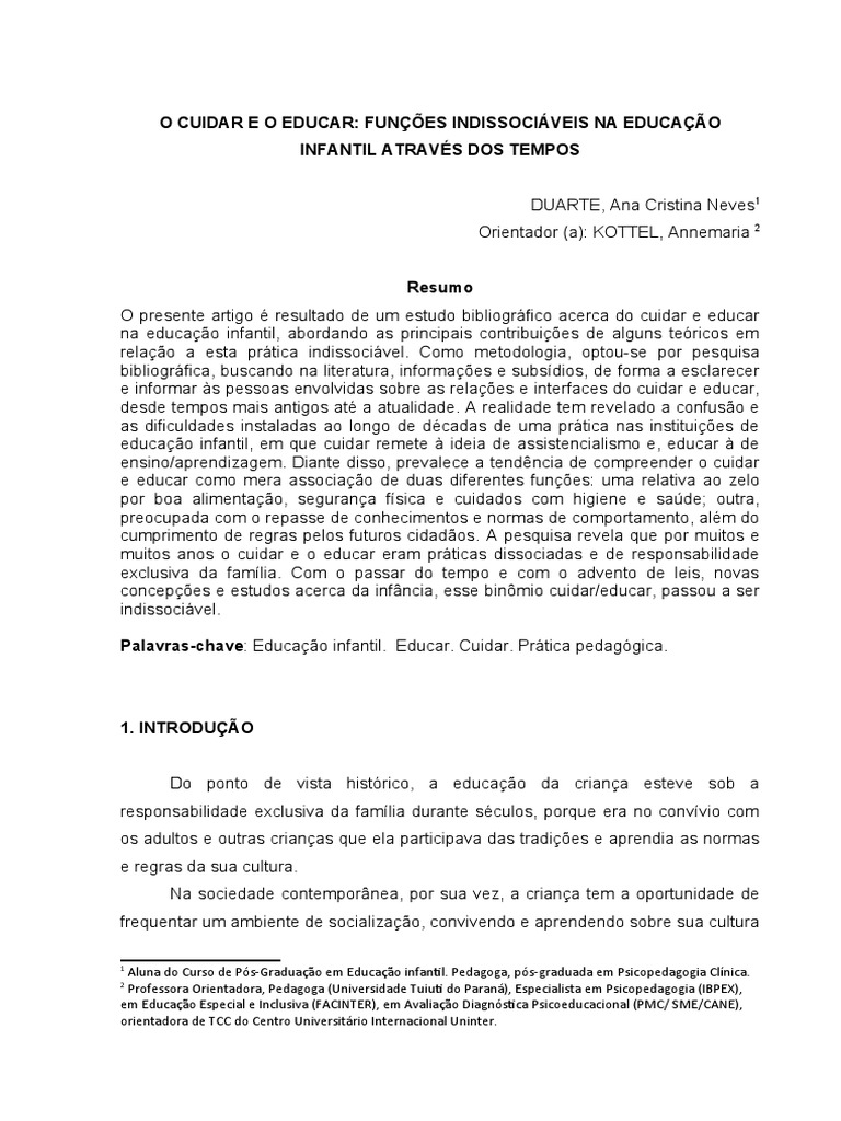 O cuidar e educar na Educação Infantil | PDF | Pré-escola | Pedagogia