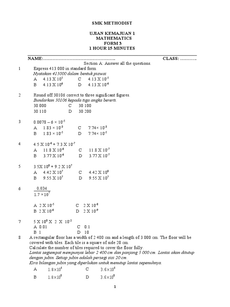 Soalan Math Uk 1 20109 Ting 3 | PDF | Mengajar Matematika