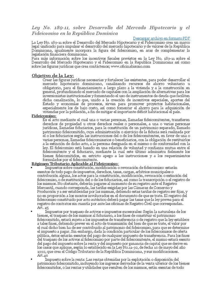 Ley 189-11: Mercado Hipotecario RD | PDF | Ley de fideicomiso ...