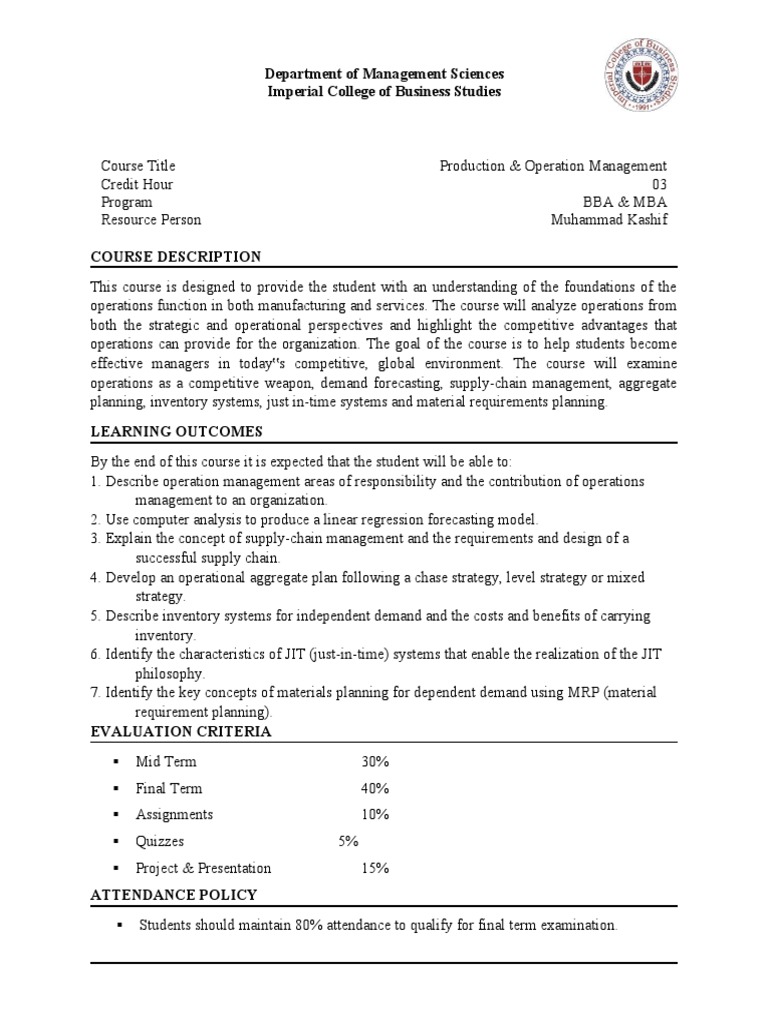 Production & Operations Management Syllabus | PDF | Operations ...