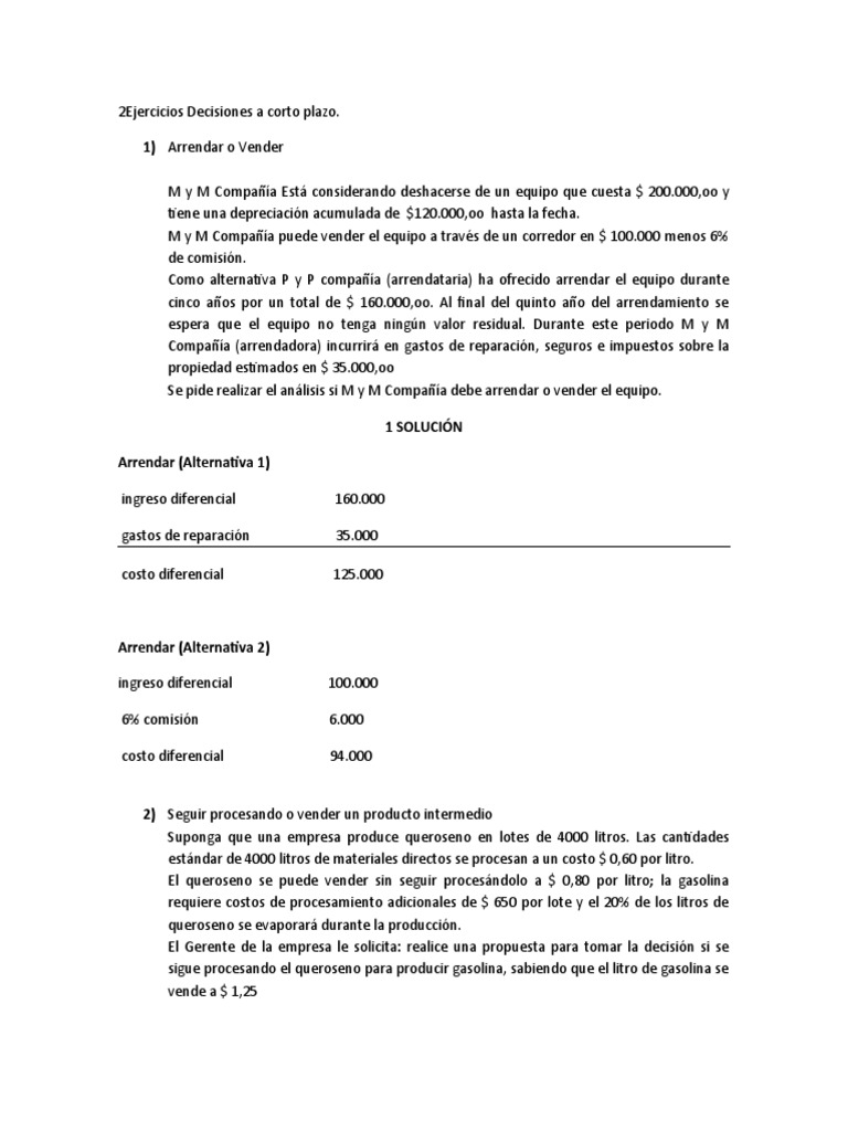 Ejercicio Decisiones A Corto Plazo Contabilidad de Costos 2019-II | PDF ...