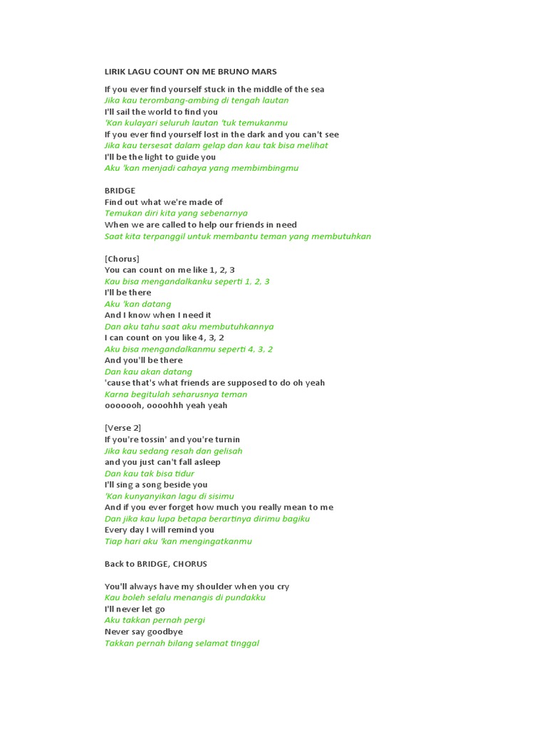 Lirik Lagu Bruno Mars Count on Me
