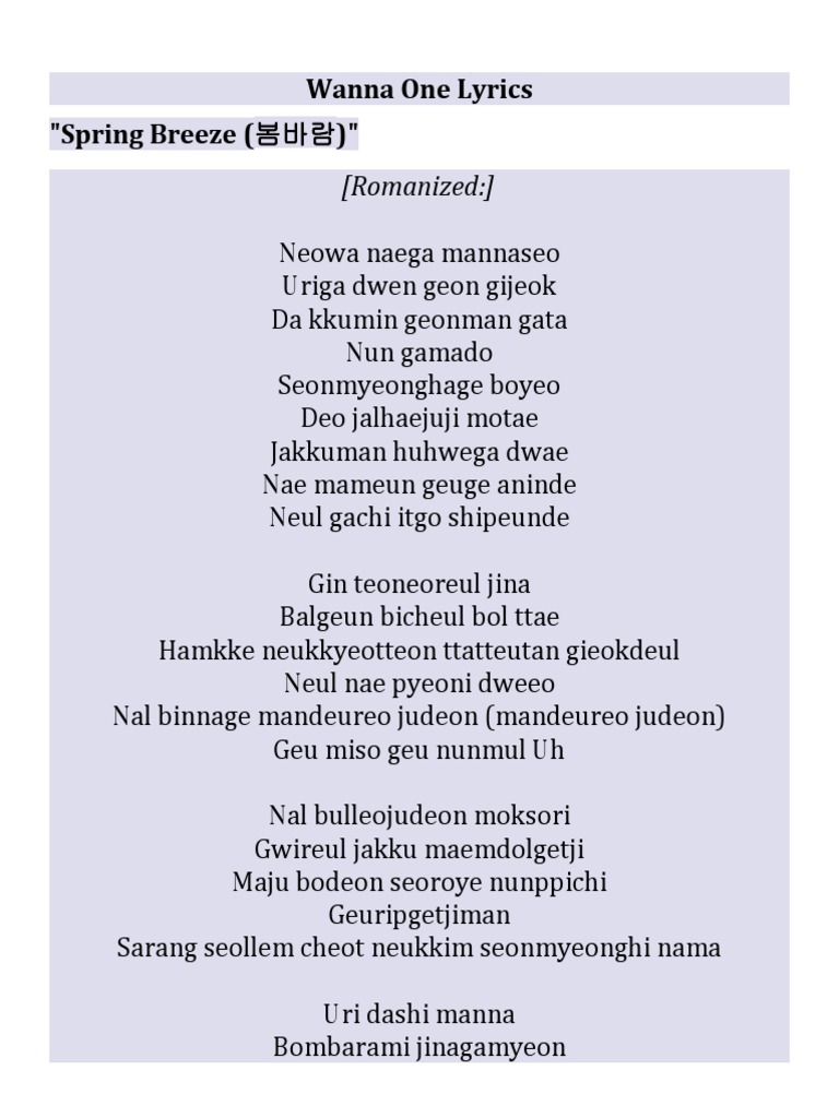 Wanna One Song Lyrics Collection | PDF | Nature, image size:768x1024