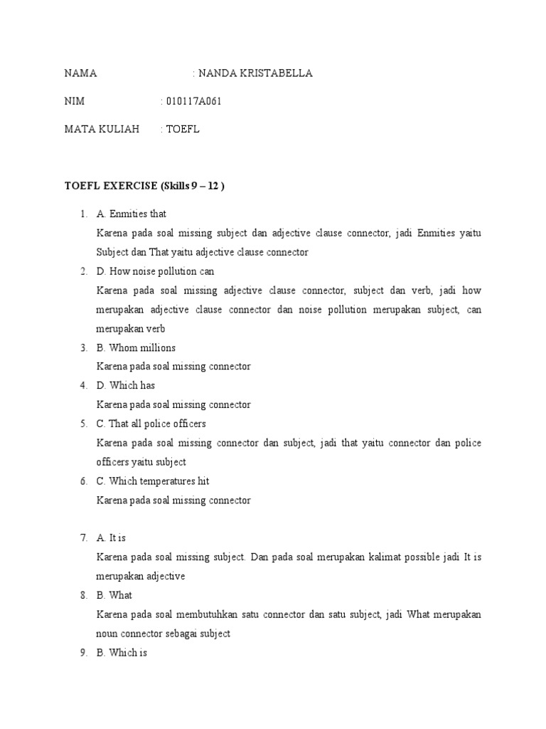 Toefl Review Exercise Skills 9 12 And 1 12