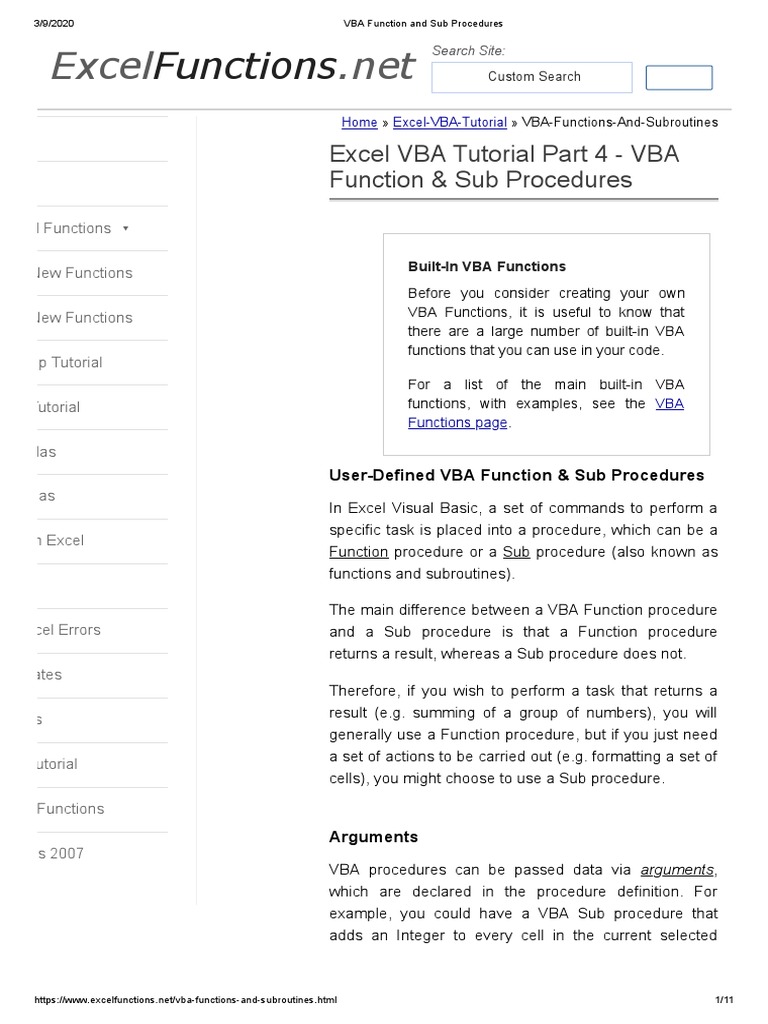 VBA 4 Function and Sub Procedures | PDF | Parameter (Computer ...