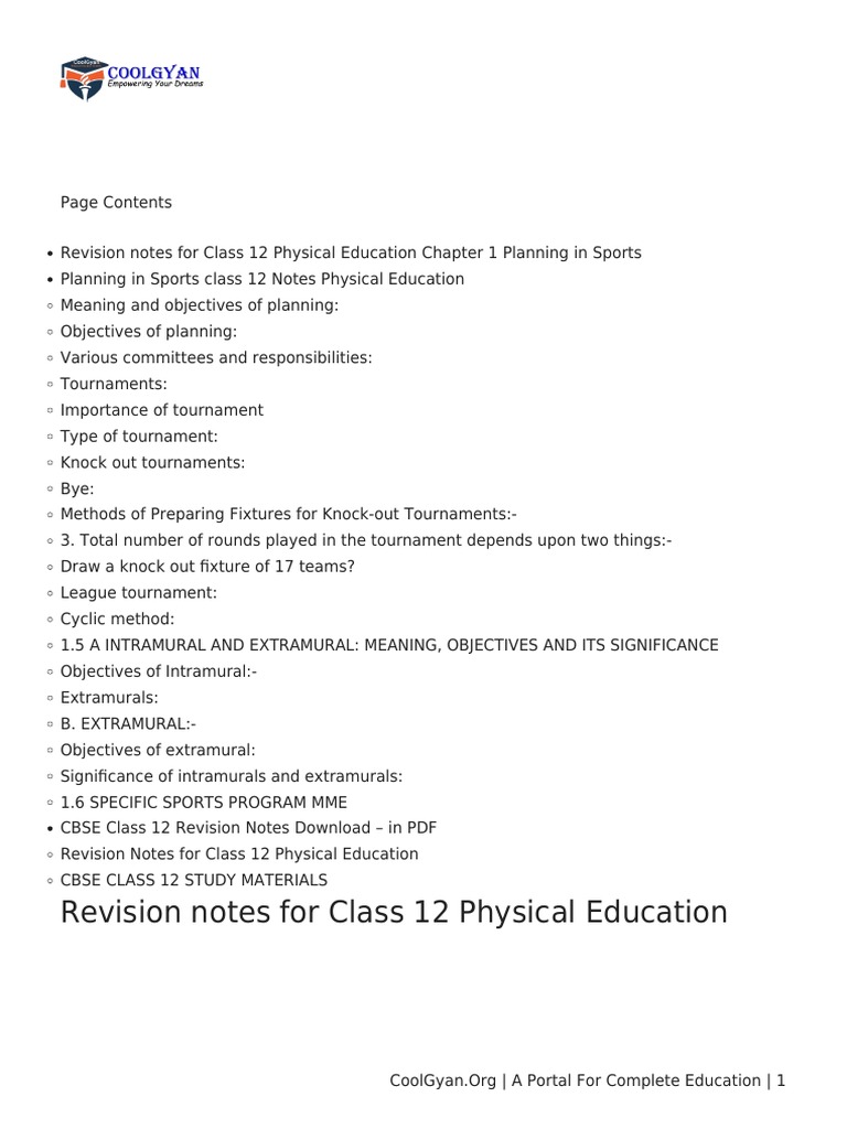 Class 12 Physical Education Revision Notes For Planning In Sports Of