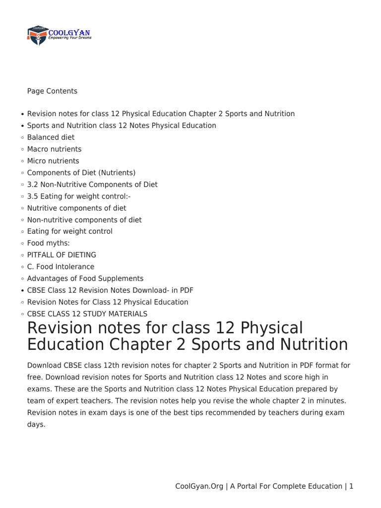 Class 12 Physical Education Revision Notes For Sports and Nutrition of ...