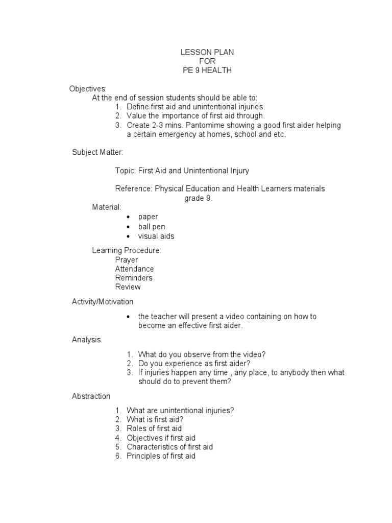 First Aid Lesson Plan for Grade 9 | PDF | First Aid | Lesson Plan