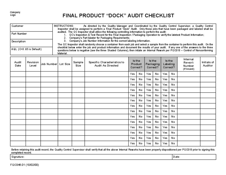 Final Product Dock Audit Checklist (FQC046.01 100200).doc Business