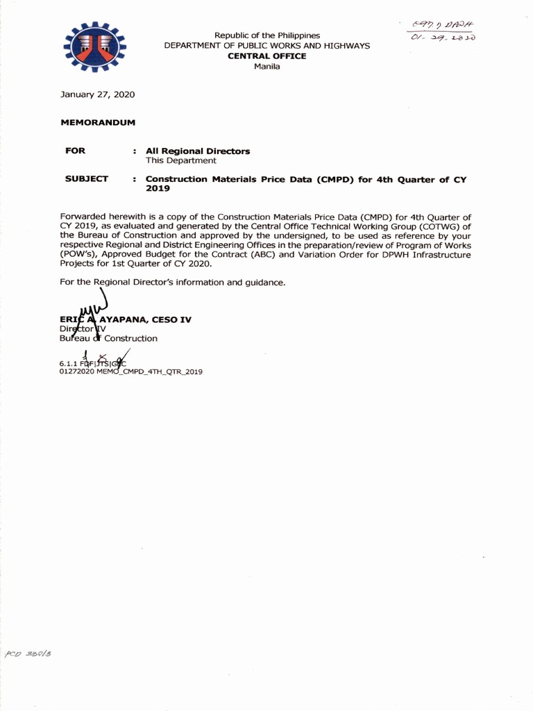CMPD Q4 2019 Price Data for DPWH | PDF | Government | Business