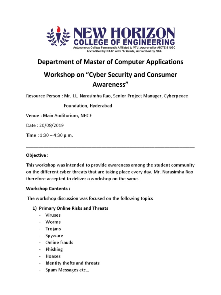 Report On Cyber Security and Consumer Awareness Workshop | PDF