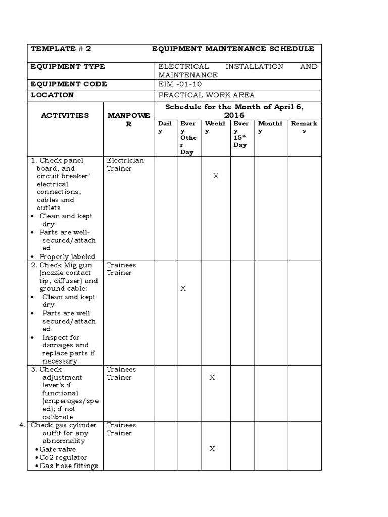 Template No. 2 EQUIPMENT MAINTENANCE SCHEDULE TEMPLATE PDF