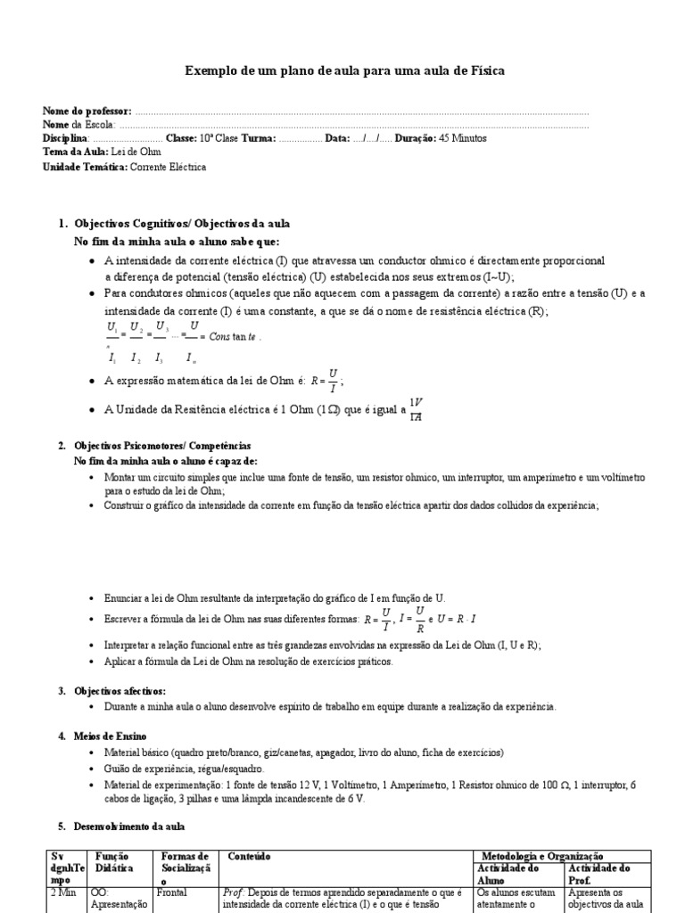 Exemplo de Um Plano de Aula para Uma Aula de Fsica 1 | PDF | Rede ...