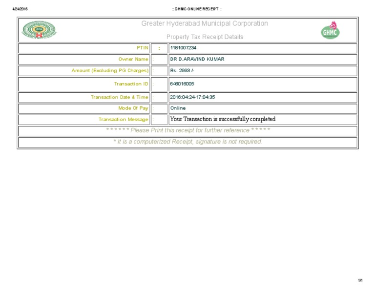 GHMC Online Receipt PDF