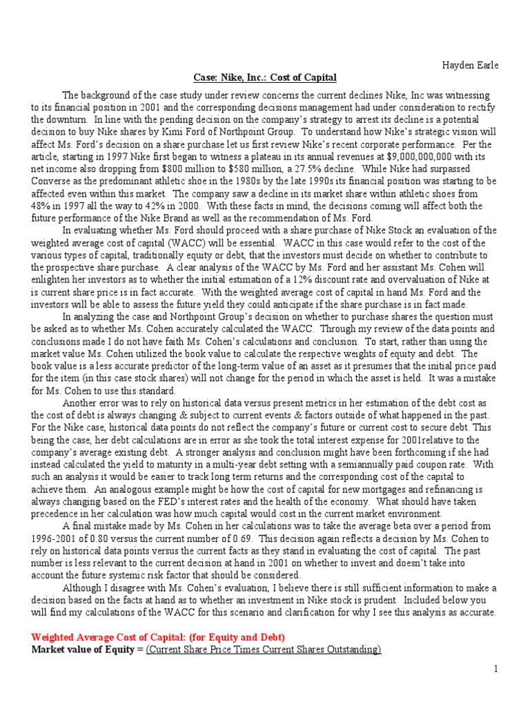 Case Study Nike Inc Pdf Cost Of Capital Stocks