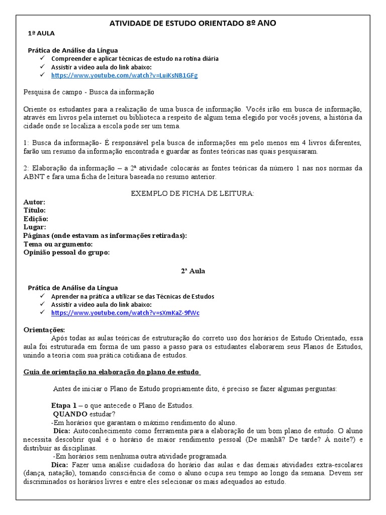 Atividades de Estudo Orientado 8º Ano | PDF | Tempo | Matéria