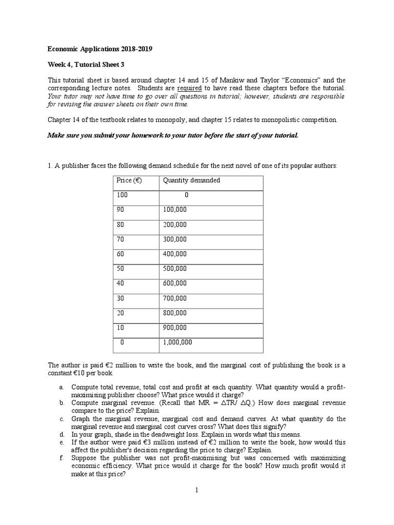 Tutorial 3 Week 4 Semester 2 | PDF | Profit (Economics) | Monopoly