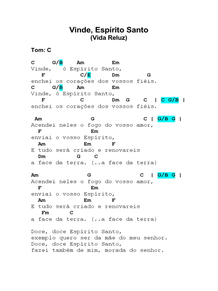 Vinde, Espírito Santo: Letra e Cifras | PDF | Salvação | Teologia