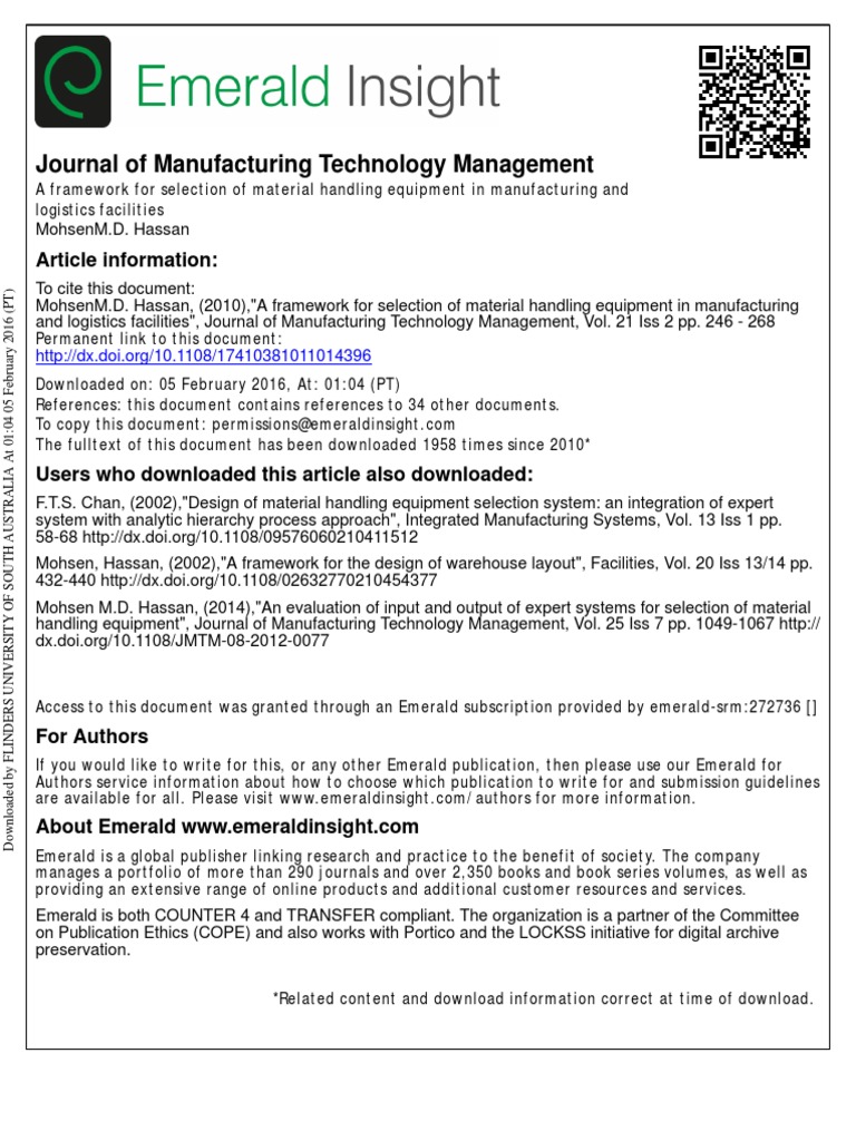 Material Handling Equipment Selection Framework | PDF | System ...