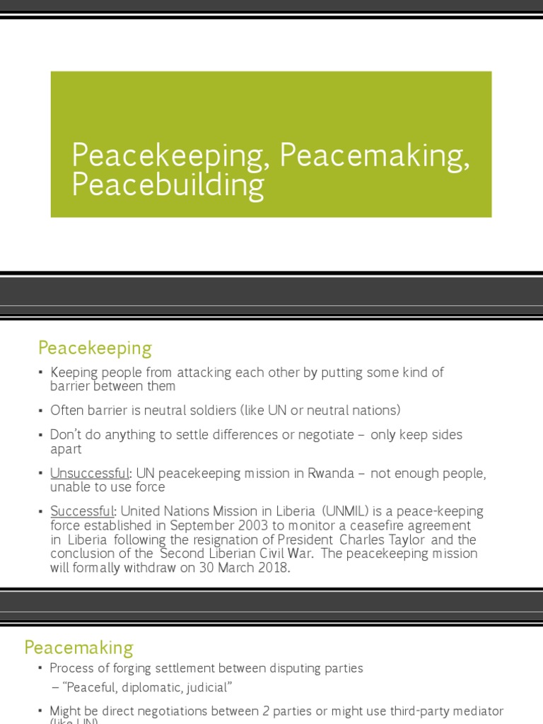 Peacekeeping, Peacemaking, and Peacebuilding | PDF | Peacekeeping ...