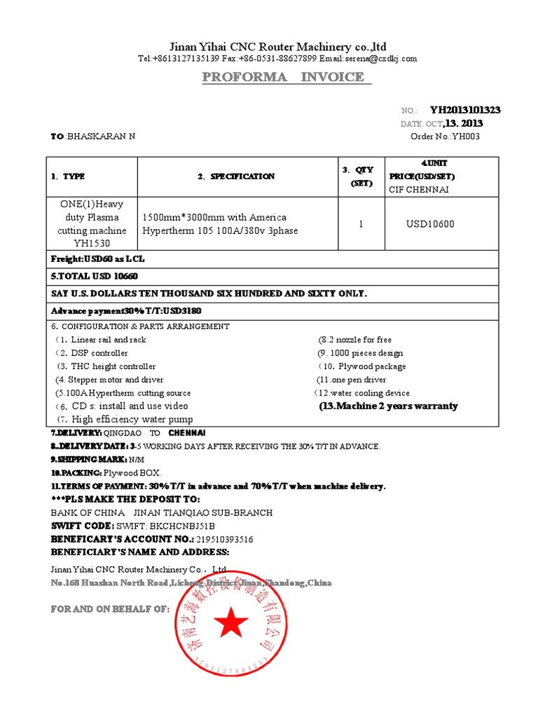 Proforma Invoice for CNC Router Machine | PDF | Business