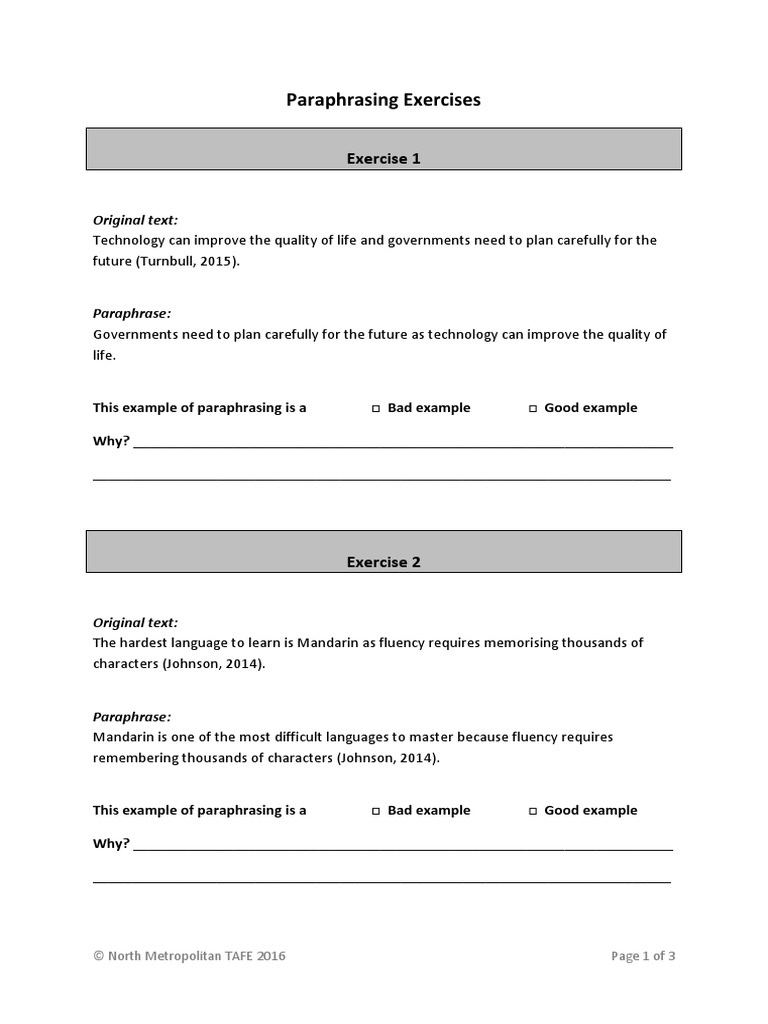 paraphrasing and summarizing exercises pdf
