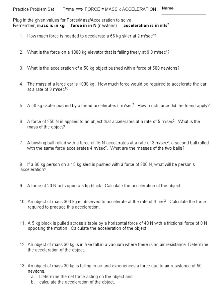 F=ma Practice Problems Set | PDF | Science & Mathematics