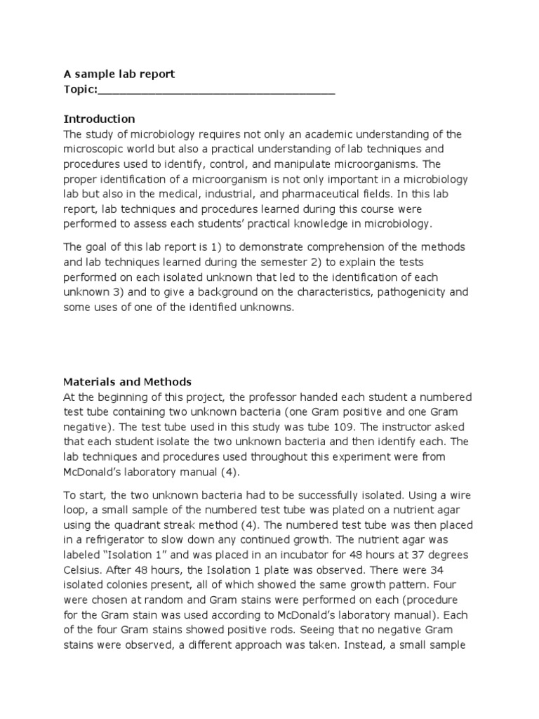 A Sample Lab ReportUnknownMicrobiology PDF Bacillus Bacteria