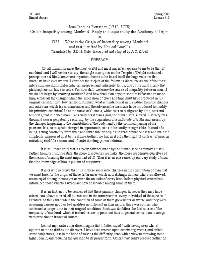 Rousseau s discourse on the origin of inequality and the search for the